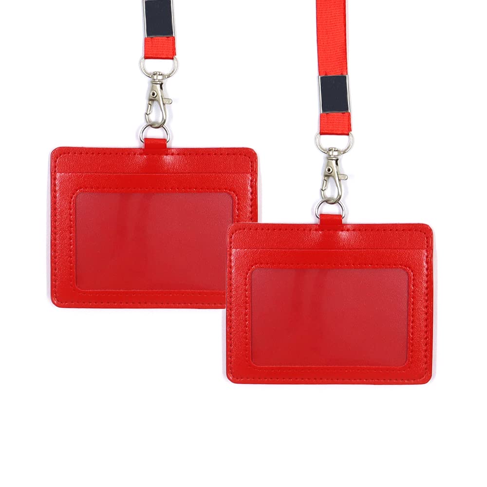 Haohai 2 Piece 4.1x3.3inch Double Sided PU ID Badge Holder, ID Card Holder with Neck Strap Lanyard, Horizontal Genuine Leather ID Card, Leather Name Card Holder for School Office,Red