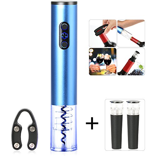 Electric Wine Opener, Cordless Battery Powered Wine Bottle Opener with Foil Cutter, Metallic Finish (Blue)