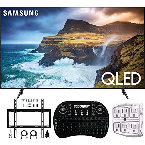 Samsung QN82Q70RA 82″ Q70 QLED Smart 4K UHD TV (2019 Model) (Renewed) w/Flat Wall Mount Kit Bundle for 45-90 TVs + 2.4GHz Wireless Backlit Keyboard Smart Remote + 6-Outlet Surge Adapter