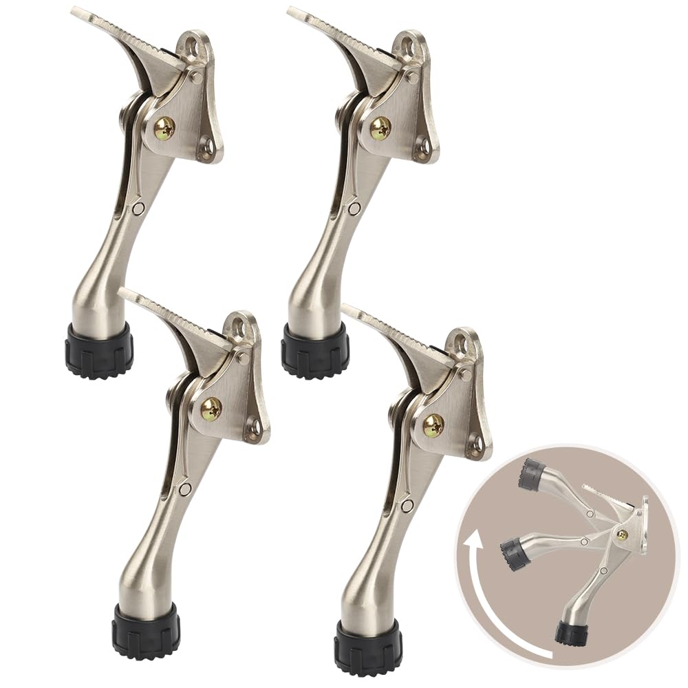 Photo 1 of Kickdown Door Stopper 4 Inches - 4 Packs One Touch Adjustable Height Door Stop for The Bottom of Door Zinc Alloy Metal Door Stopper with Rubber Tip & Wall Protectors for Wide Doors Satin Nickel
