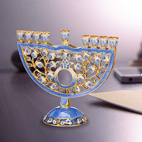 Matashi Hand Painted Blue Enamel Pomegranate Design Menorah Candelabra Embellished with Gold Accents and Crystals Jewish Candle Holder Hanukkah Gift Housewarming Showpiece Centerpiece for Living Room