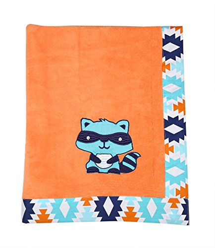 Bacati - Tribal/Aztec Plush Embroidered 30 x 40 inches Baby Blanket (Aqua/Orange/Navy Racoon)