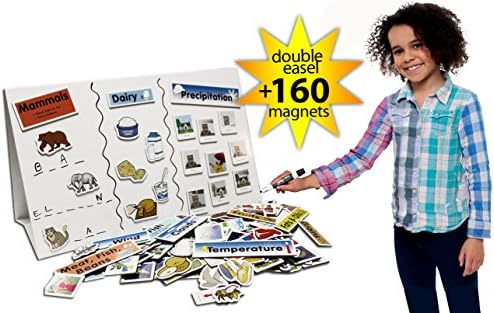 Double Sided Tabletop Foldable Magnetic Easel - Dry Erase Board - Whiteboard - with 160 Magnets - Sorting Set - Educational - Food Groups - Animal Classes - Weather - Day & Night