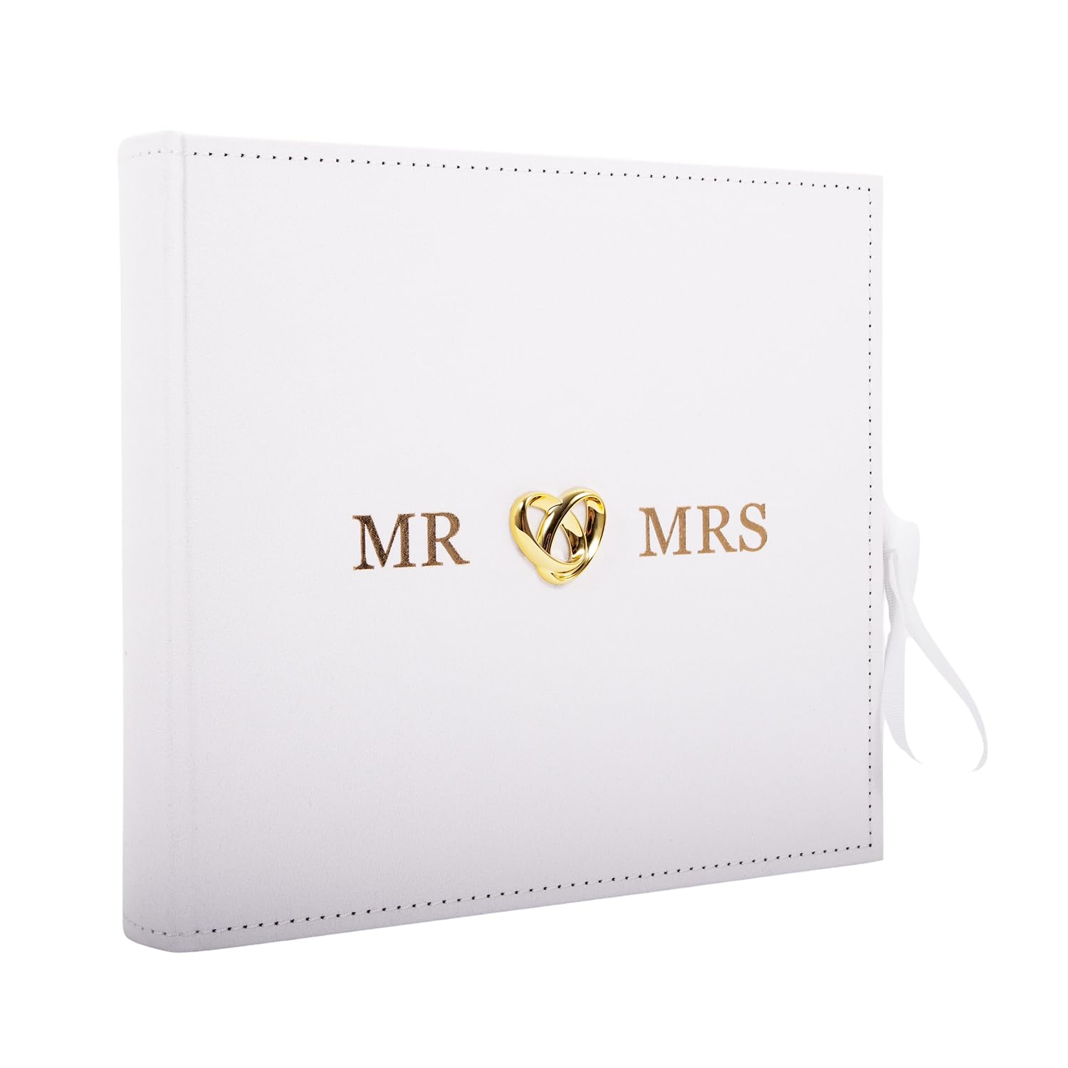 Happy Homewares Beautiful White Ivory Suede Wedding Album Holding 160 4" x 6" Photos with Gold Hearts | MR & MRS in Gold Foil | Customise Wedding Day Info