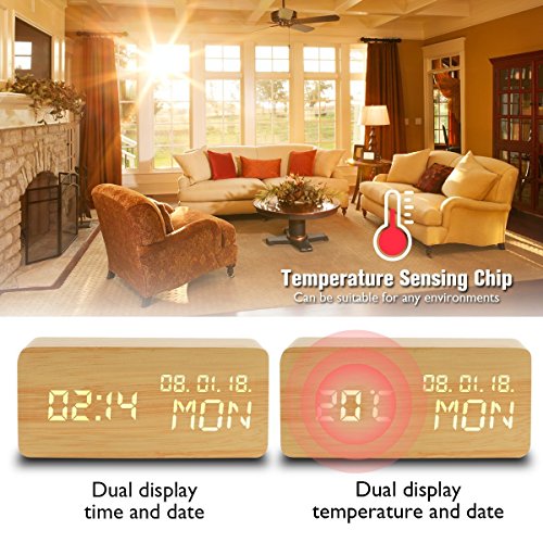 image for Kindak Led Digital Analog Alarm Clocks, Wooden Travel Clock with Time/