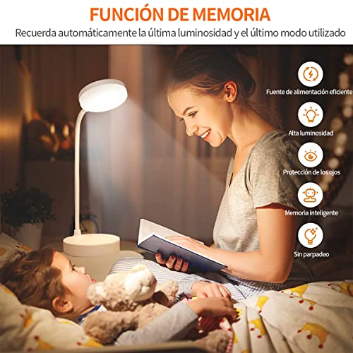 Lampara de Escritorio LED, Lámpara de Oficina Mesa, 360° Ajustable, Luz de Lectura Recargable, 3 Modos de Iluminación, Atenuación Táctil, Protección Ocular, para Trabajar, Estudiar, Leer, Escribir