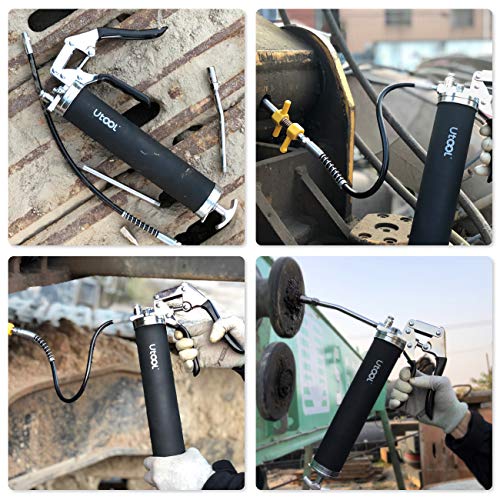 UTOOL Grease Gun, 7000 PSI Heavy Duty Pistol Grip Grease Gun Set with 14 oz Load, 18 Inch Spring Flex Hose, 2 Working Coupler, 2 Extension Rigid Pipe and 1 Sharp Type Nozzle Included Black