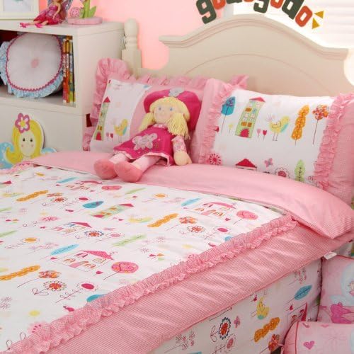 Sisbay Children's Cartoon Bedding, Girls Princess Twin Queen King Pink Duvet cover, Castle Plaid Ruffle Bed Sheet, Korean Style 4pcs