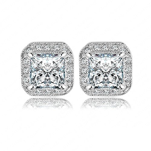 Womens Square Shape Sparking Cubic Zirconia Platinum Gold Plated Stud Earings 18k Sets ( Platinum )