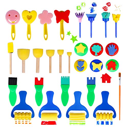 Hakkin 29 Pcs Kids Painting Brushes Set, Early Learning Kids Sponge Paint Brush Set, Washable Mini Flower Craft Painting Shapes Stamps Drawing Tools for Kids Toddlers Art Supplies Gifts - Thumbnail 7