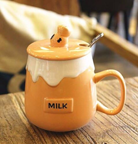 QPSSP Coffee Cup Creative Cute Milk Cup, Ceramic Cup, Lovers Fashion Coffee Cup, Students With A Cup Of Spoon, With A Lid, Breakfast, Oatmeal, Orange,C