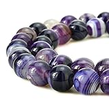 BEADNOVA 8mm Natural Purple Banded Agate Gemstone Smooth Round Loose Beads Approx 16 Inch 48~50 pcs / Strand for for Jewelry Making