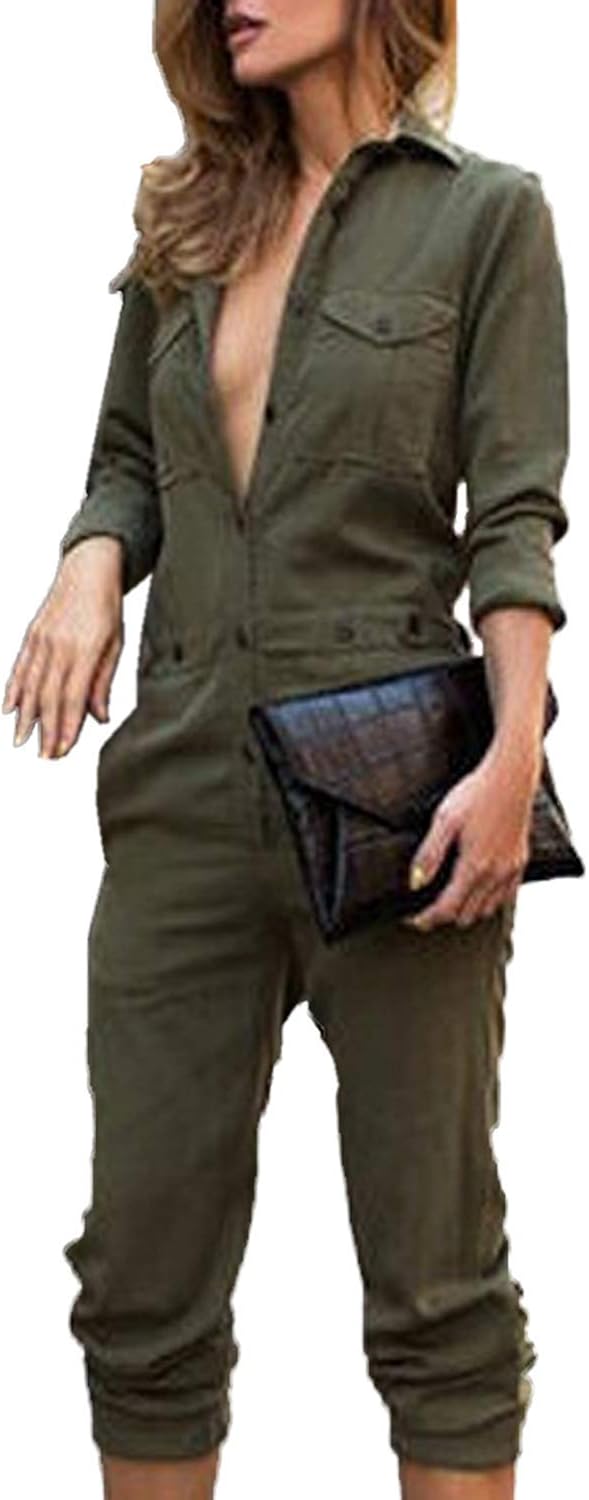 Damen Romper Lang Herbst Mit Revers Winter Button Langarm Jumpsuit