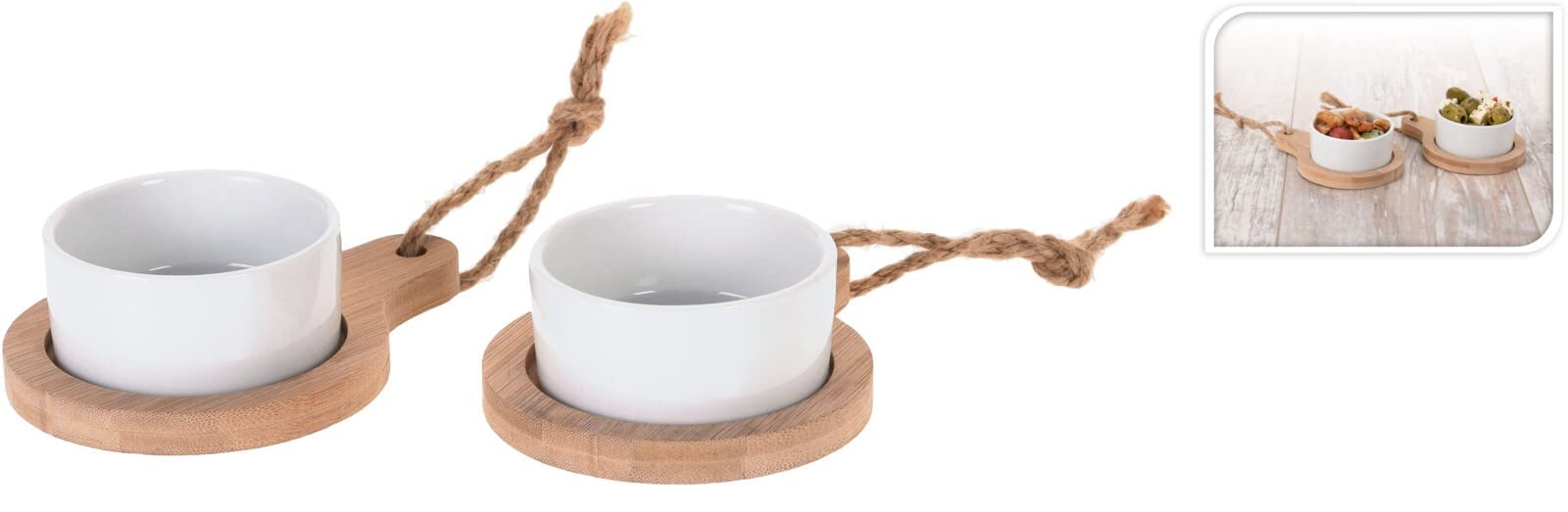 OrionMart Set of 2 Dip Bowls with Wooden Serving Trays Round | Ceramic Snack Serving Set- Dip Bowls Mini Bowls for Appetizer & Dressings – Single Serving Dessert Dishes