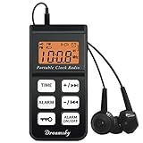 DreamSky Mini Portable FM Radio, Alarm Clock Radio with Earphone, 12H/24H Time Display with Backlight, Ascending Alarms, Battery Operated Travel Alarm Clock, Small Pocket Radio for Walking/Running.