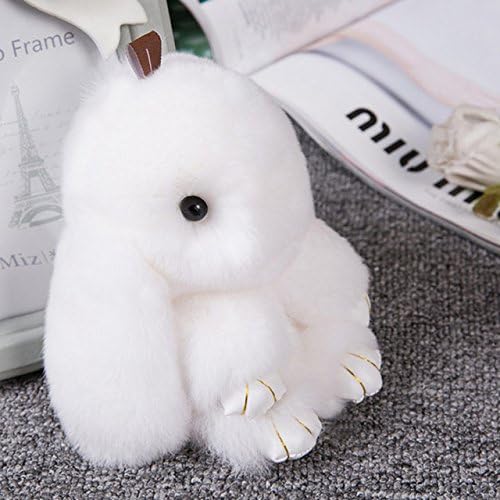 Topxome 18CM Cute Pluff Bunny Keychain Rex faux Genuine Rabbit Fur Key Chain For Women Bag Toy Doll Fluffy Pom Pom Lovely Pompom Keyring (White)