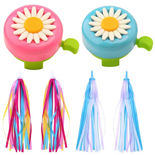 WENTS Kids Bike Accessories 2 Pcs Kids Bike Bell Sunflower Shaped and 4 Pcs Kids Bike Handlebar Tassel Streamers for Boys and Girls (Pink, Blue)