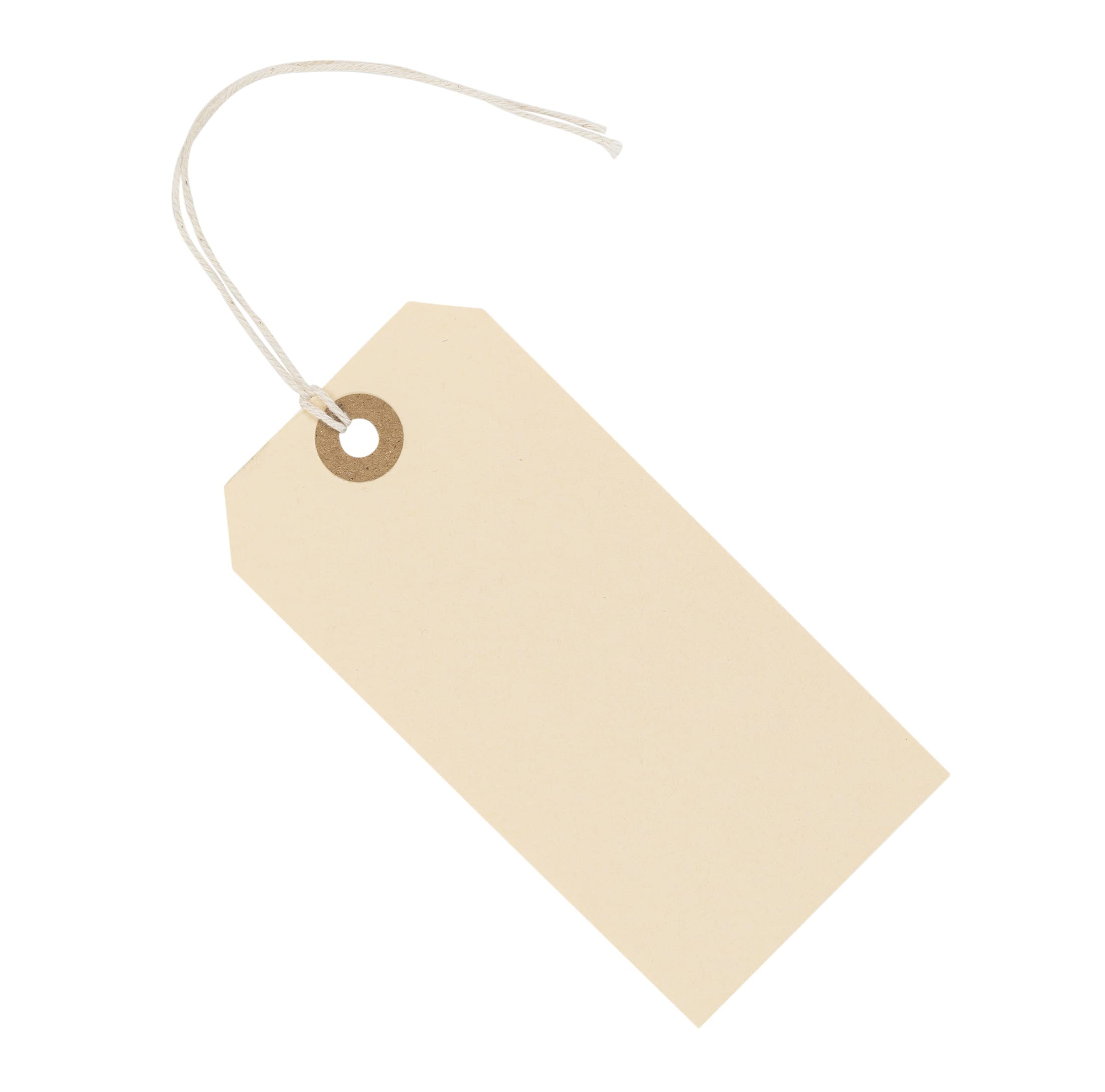Photo 1 of Premium Hang Tags with String - Box of 100 Tags #5-4.75” x 2.375" - String Tags for Labeling with Reinforced Eyelet and String Attached
