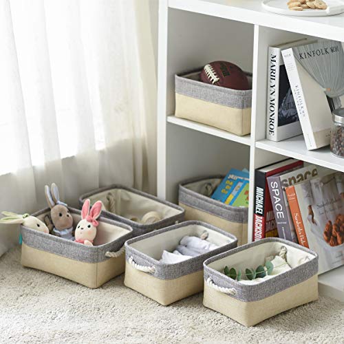 Sacyic Fabric Storage Baskets for Organizing(6 Pack) Small Baskets for Shelves,Toy Storage, Laundry, Nursery, Closets, Decorative Baskets for Gifts Empty (Grey & Gold, 11.8” x 7.8” x 5.1”)