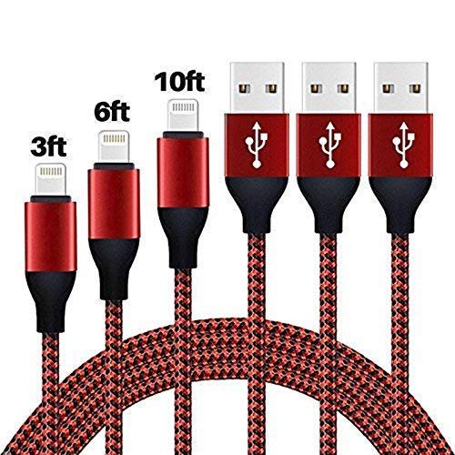 ZHWY Phone Cable 3Pack(3FT 6FT 10FT) Nylon Braided USB Charging & Syncing Cord Compatible for Phone X/8/8 Plus/7/7 Plus/6s/6s Plus/SE/iPad iPod Nano and More (Black Red)