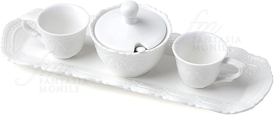HERVIT Tasting Set Two Mugs Caffe Sugar Bowl White Porcelain Tray Gift Wedding 26398