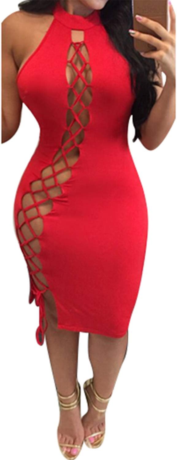 Meenew Womens Sexy Halter Hollow Out Lace Up Bodycon Bandage Club Dress