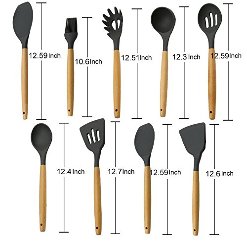 Cooking Utensils Silicone - Kitchen Silicone Utensil Set of 9 Wooden Silicone Kitchen Utensil - Silicone Spatula Set Tools for Cooking - Easy Wash,Grey - Thumbnail 6
