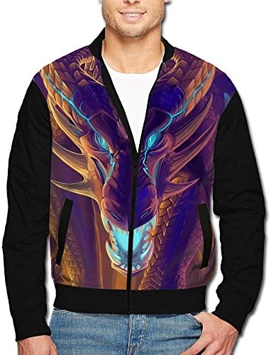 Men's Print Zip Front Jacket Painting Dragon Stand Collar Baseball Bomber Jacket Sleeve Coat