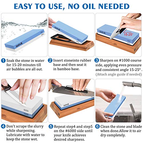 Whetstone Knife Sharpening Stone 2 Side 1000/6000 Grit Whetstone Sharpener Includes NonSlip Bamboo Base, Angle Guide, Polishing Tool for Kitchen, Hunting and Pocket Knives or Blades by AHNR