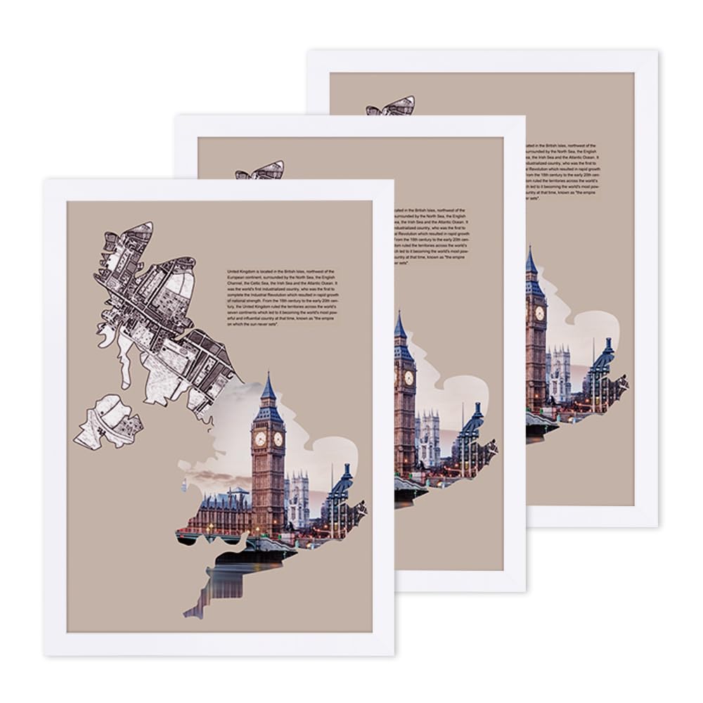 SONGMICS Picture Frame Set of 3, A3 (29.7 x 42 cm) without Mat, A4 (21 x 29.7 cm) with Mat, Glass Front, Home and Office, White MDF Photo Frames RPF03WT