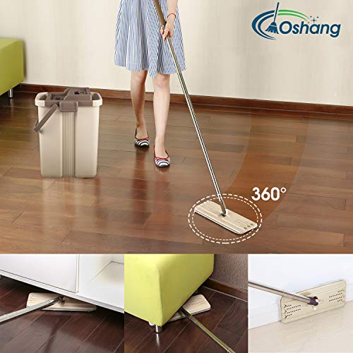 oshang Flat Squeeze Mop and Bucket - Hand-Free Wringing Floor Cleaning Mop - 2 Types Washable & Reusable Microfiber Mop Clothes/Pads Included - Wet or Dry Usage on Hardwood, Laminate, Tile