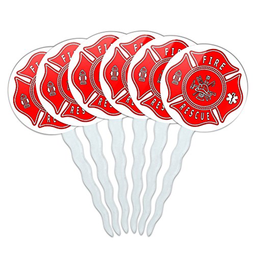 Set of 6 Cupcake Picks Toppers Decoration Firefighter Firemen - Fire and Rescue Maltese Cross Red