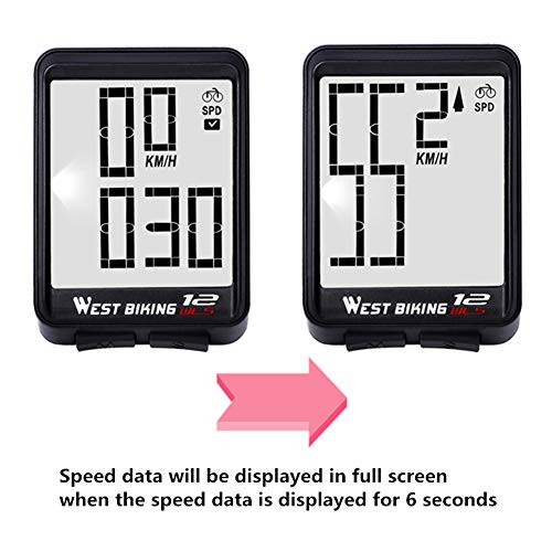 WESTGIRL Bike Computer Wireless, Cycling Speedometer Odometer Large Digits Automatic Speed Display Change, Waterproof EL Backlight Bicycle Computers
