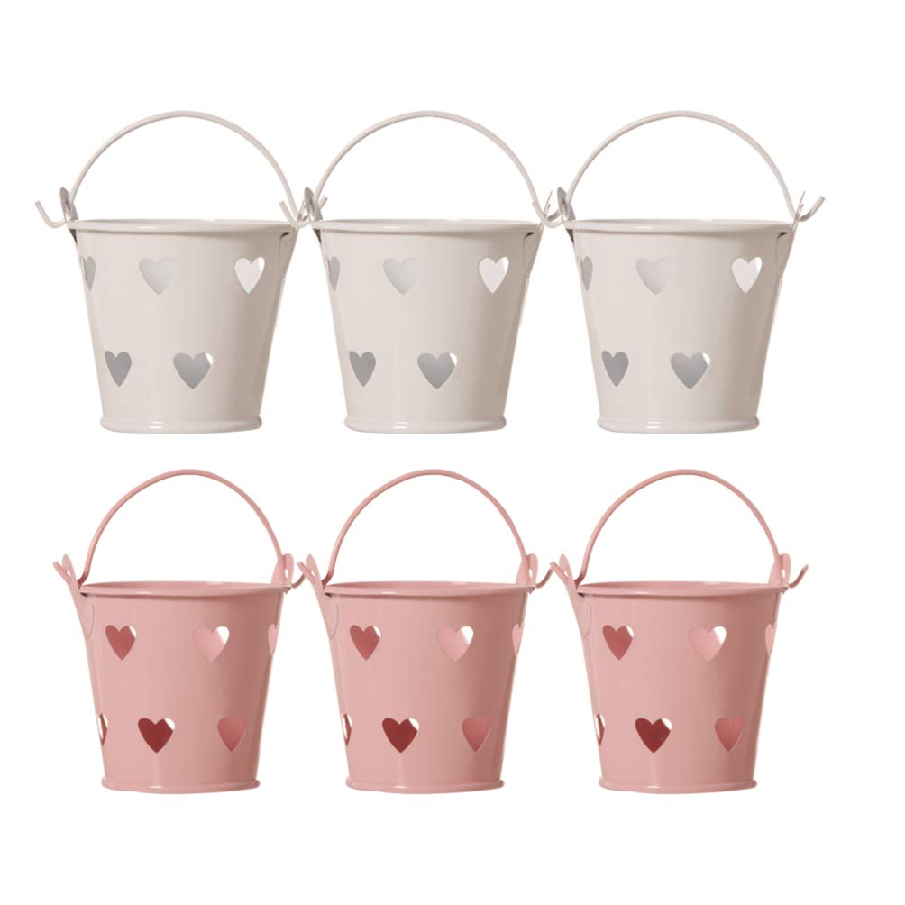 VICASKY 6Pcs Mini Tinplate Metal Bucket Hollow- out Heart Candy Buckets Icing French Fries Tin Pails Sundries Organizer Flower Pots for Christmas Wedding Party Favor White Pink
