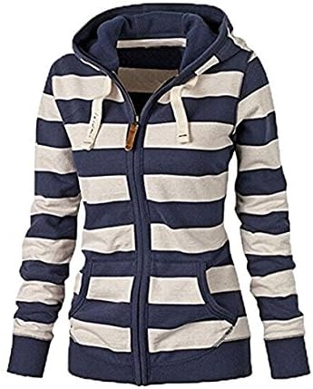 SHIBEL Unisex Long Sleeve Stripe Pocket Zipper Hooded Sweatshirt Coat Blue S