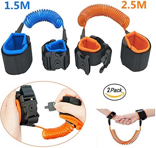 Baby Child Anti Lost Safety Velcro Wrist Link With Lock and Key, Adjustable Wrist Leash Harness Strap Rope Tracker Walking Strap For Toddlers, Babies ,Kids(1.5M Blue+2.5M Orange, 2Pcs/Pack)