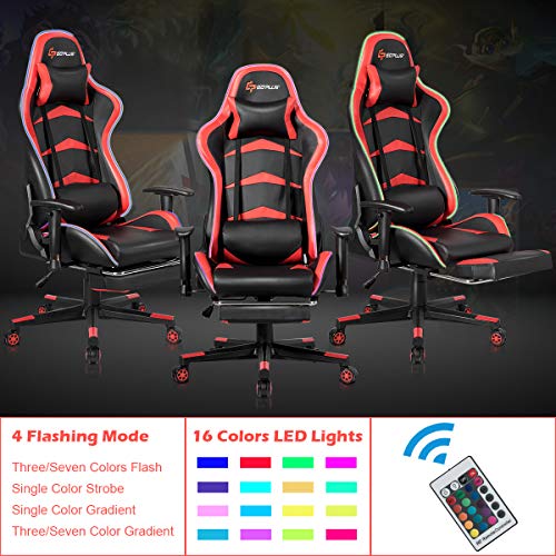 Goplus Massage Gaming Chair with LED Light, Reclining Backrest