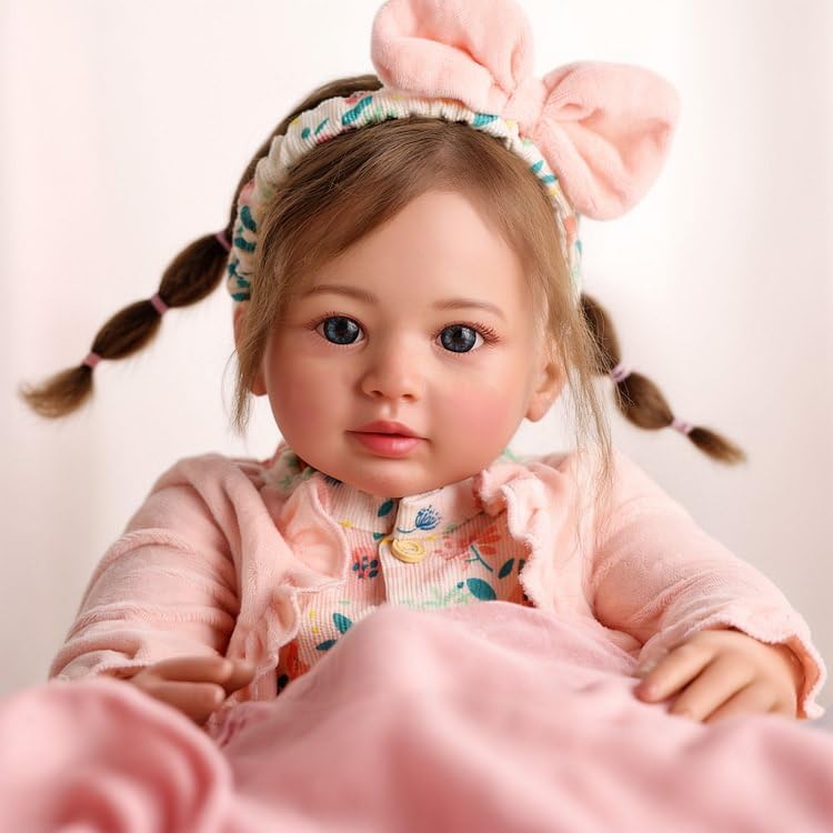 Brastoy Bebê Reborn Boneca Silicone Menina Olhos Azuis Realista Pintado Original 55cm Tranças de cabelo (Menina Urso)