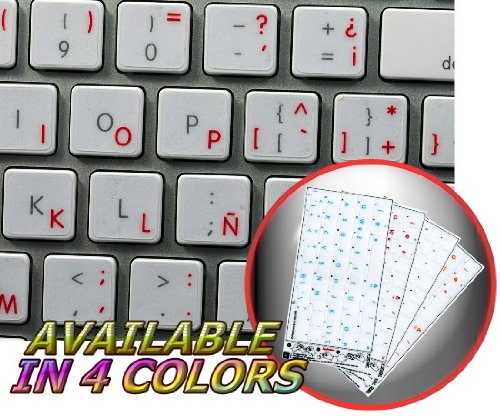 SPANISH APPLE KEYBOARD DECALS WITH BLUE, RED, ORANGE OR WHITE LETTERING ON TRANSPARENT BACKGROUND FOR DESKTOP, LAPTOP AND NOTEBOOK (Red)