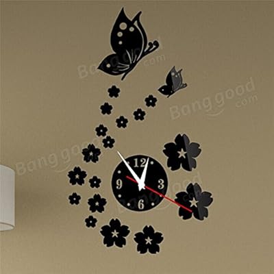 Hiquty 3D Mirror Wall Clock Home Decoration Butterfly Plum Clock