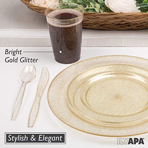 image for Ilyapa 100 Gold Glitter Plastic Plates for Dinner Party or Wedding - 1