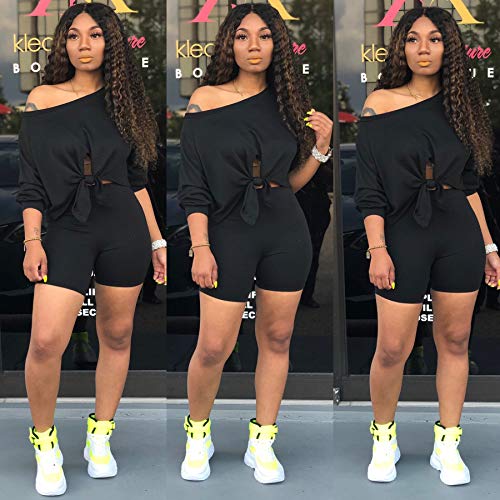 Womens 2 Piece Outfits - Sexy Long Sleeve Crop Tops + Skinny Shorts Tracksuit X-Large Black