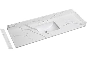 EQLOO 60 in.W x 22 in.D Quartz Calacatta River Vanity Top,with Undermount Middle Sink Vanity Top,with Two Sidesplash & One Backsplash,8 Inch Faucet Hole Spread Bathroom Vanity Sink Countertop