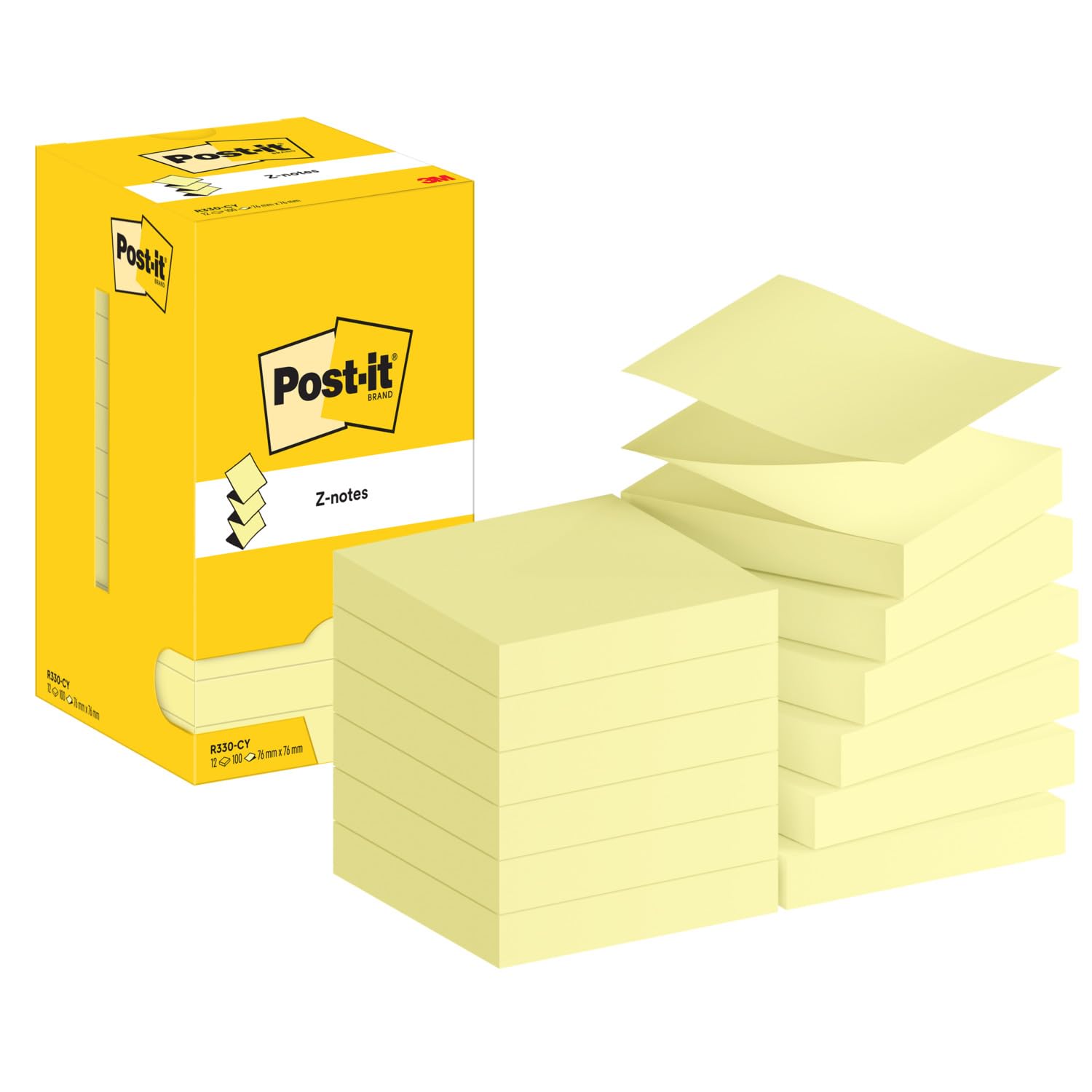 Post-it Z-Notes Canary Yellow, Pack of 12 Pads, 100 Sheets per Pad, 76 mm x 76 mm, Yellow Color - Self-Stick Notes for Note Taking, to Do Lists & Reminders — image 1
