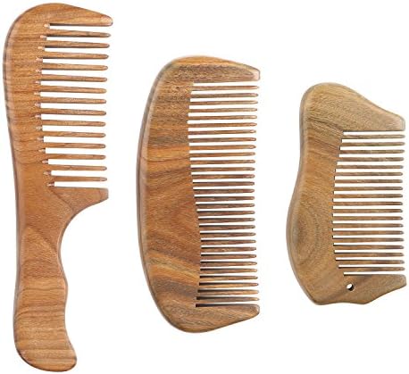 Handmade Natural Green Sandalwood Comb No Static Wooden Hair Comb with Aromatic Scent for Detangling Thick Curly Hair Set of 3PCS