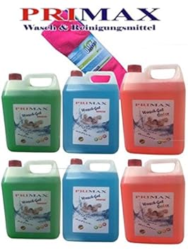 Primax Set 14 bestehend aus 10 Ltr. Flüssigwaschmittel blau, 10 Liter grün und 10 Ltr. Colorwaschmittel orange + Microfasertu