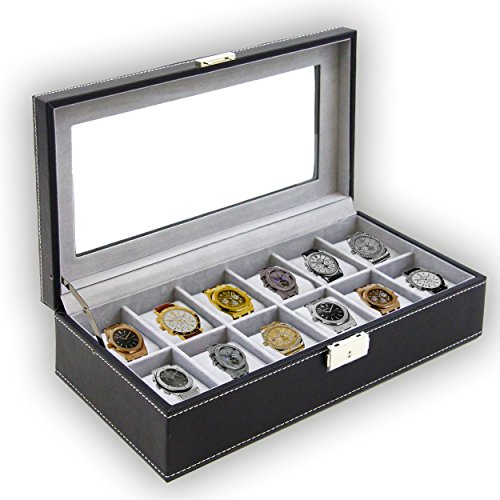 Watch Box Large 12 Mens Black Leather Display Glass Top Jewelry Case Organizer