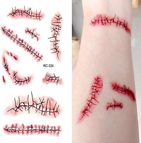Inverlee 2/5PcsWaterproof Facial Temporary Horror Bloodstains Scar Tattoos Stickers Halloween Party Terror Scar Makeup Tattoo Stickers (5PCS)