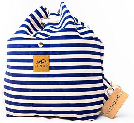 Canvas Drawstring Bucket Bag - Shoulder Day Bag, Backpack by Lemur Bags (Blue Stripes)