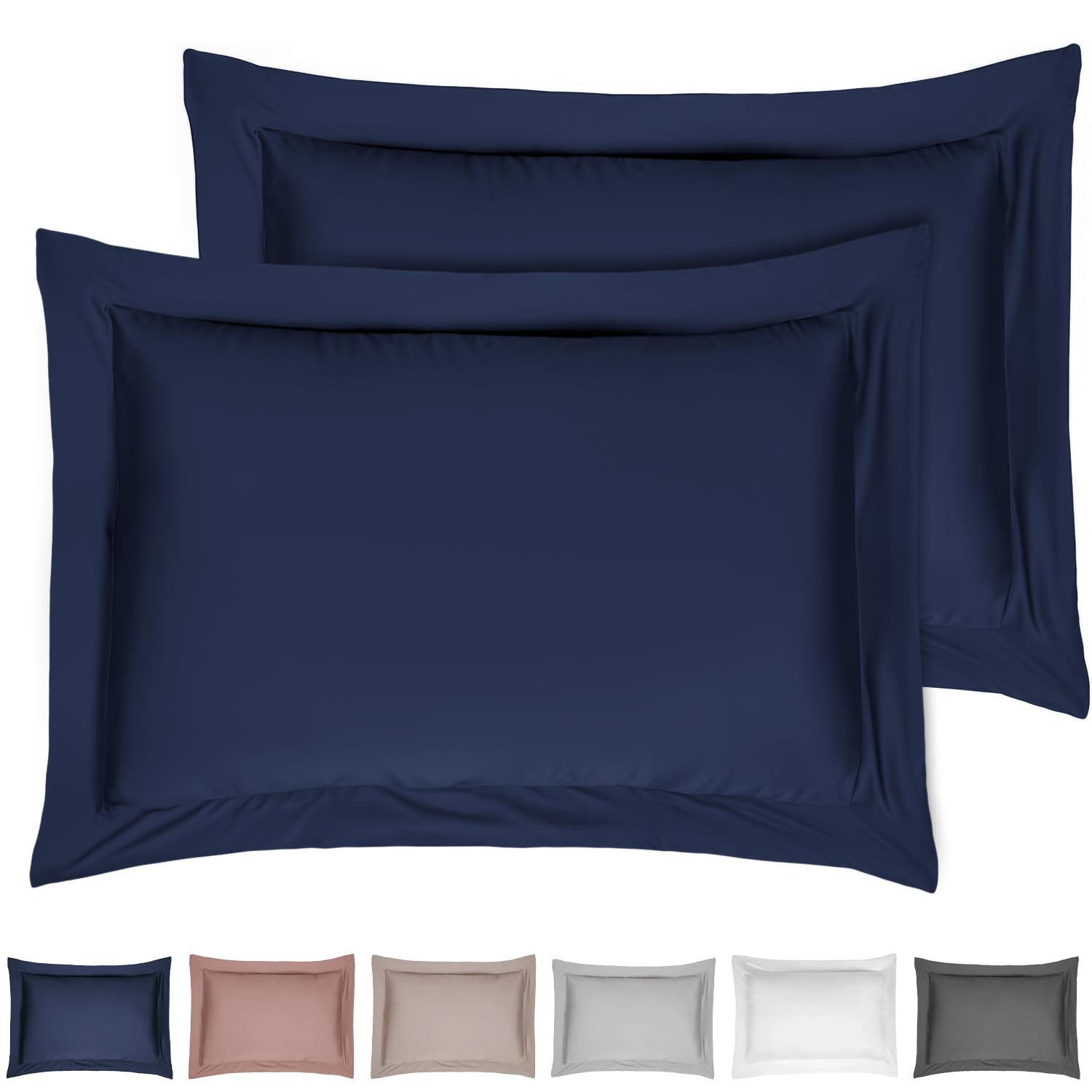 Sleepdown Pillowcase 100% Cotton Sateen Pack of Two Oxford Pillow Cover Set Anti-Allergy 300 Thread Count Luxury Bed Linen - Navy Blue - 50 x 75cm, 5056242826170